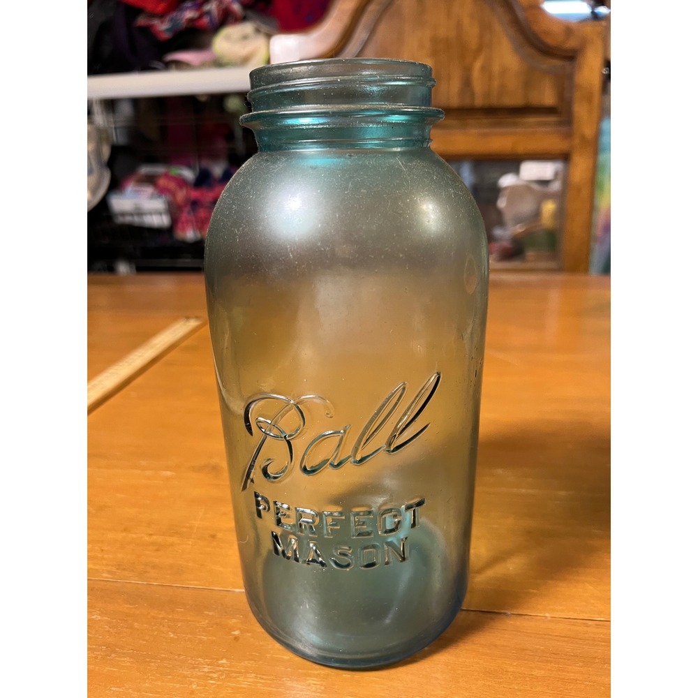 Antique Ball Perfect Mason Jar Aqua Blue Glass #13 Error Oval Shape Rare 9 inch